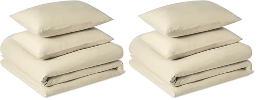 Amazon Basics 3-Piece Brushed Microfibre Double Duvet Set, Extra Soft Bedding, Relaxed Lived-In Look with Natural Creases, No Ironing Required, Duvet Cover 200x200 cm & 2 Pillowcases 50x80 cm, Beige