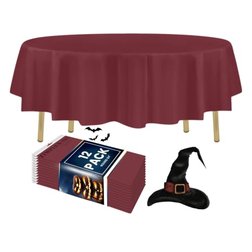 ZIMPLEWARE Premium Burgundy Plastic Table Cloth Disposable (12 Pack) Round Tablecloth (84in) Party Table Cloths Disposable, Perfect Table Cloth Round Cover for Any Table Up to 6 Feet