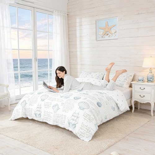 Coastal Ocean Bedding Set Full Size,Seashell Conch Sailboat Duvet Cover Set 3Pcs for Kids Girls Boys Adult Room Decor,Sea Beach Nautical Comforter Cover Blue White Beige Quilt Cover,2 Pillowcases