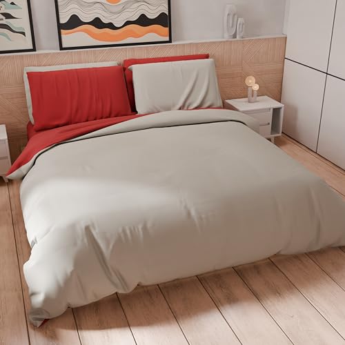 PETTI Artigiani Italiani - Double Duvet Cover Set 260 x 240 cm (2 Pillowcases 50 x 80 cm Included), Soft Microfibre Duvet Cover Set, Plain Red, Light Grey