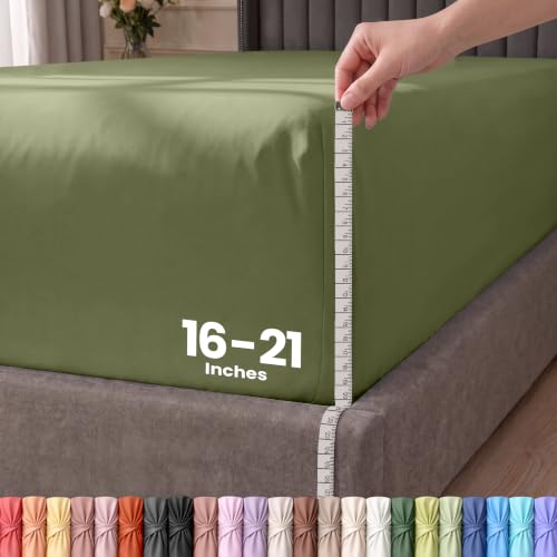 Extra Deep Pocket Queen Fitted Sheet, Fits 16-21 Inch Mattress, Olive - Luxurious Bedding, Deep Pocket Design, Wrinkle Free Cooling Sheets, Stretch Fit, Hotel Sheets For Deep Mattress, Oeko-Tex