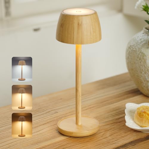 LuminexDesigns Rechargeable LED Table Lamp – Boho Bamboo Cordless Touch Dimmable Bedside Lamp Small, Waterproof for Bedroom Dining Room Patio Outdoor Garden Cafes Restaurants & Cozy Ambient Lighting