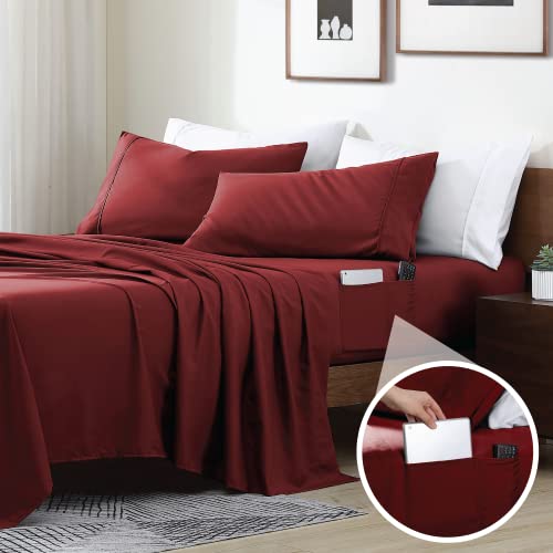 Swift Home Smart Sheets, Ultra Soft Brushed Microfiber 3-Piece Sheet Set, Fitted Bed Sheet with Side Storage Pockets – Burgundy, Twin XL
