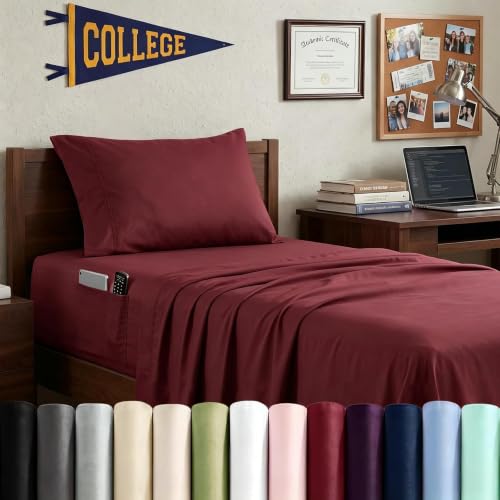 Swift Home Smart Sheets, Ultra Soft Brushed Microfiber 3-Piece Sheet Set, Fitted Bed Sheet with Side Storage Pockets – Burgundy, Twin XL