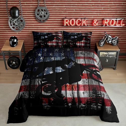Homewish American Flag Bedding Set Full Size Boys Dirt Bike Racing Motocross Rider Comforter Set Kids Teens Men Rustic Farmhouse Wooden Quilt Set Retro Black Pine Tree Silhouette Duvet Insert 3pcs