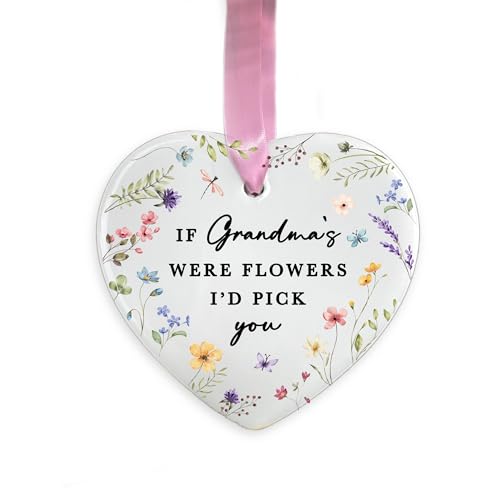 Grandma Ceramic Hanging Decoration, If Grandmas Were Flowers I’d Pick You Ornament, Nana Nanny Keepsake Gift, for Grandma, Floral Ornament (Heart)