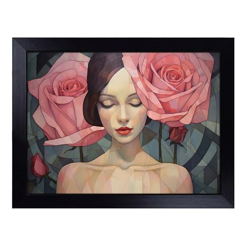 Lap Tray with Bean Bag Cushion, Rose Art Deco - Handmade in the UK, Raised Wooden Edge, Padded Cushion, Heat-Resistant Wipe-Clean Surface, for Meals, Laptops and Crafts