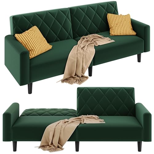 Yaheetech 3-in-1 Convertible Sofa Bed, 2 Seater Loveseat Couch Greem - Velvet Upholstered Sofa with Diamond-Tufted Design & Adjustable Backrest Simple Easy Assemble for Living Room Bedroom Office