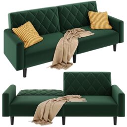 Yaheetech 3-in-1 Convertible Sofa Bed, 2 Seater Loveseat Couch Greem - Velvet Upholstered Sofa with Diamond-Tufted Design & Adjustable Backrest Simple Easy Assemble for Living Room Bedroom Office