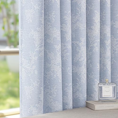 FMFUNCTEX Blue Floral Jacquard Blackout Curtains 108 Inch Long 2 Panels - Black Out Drapes, Chenille Scroll Flower , Farmhouse,Thermal Insulated, Room Darkening, for Bedroom Living Room , Grommet