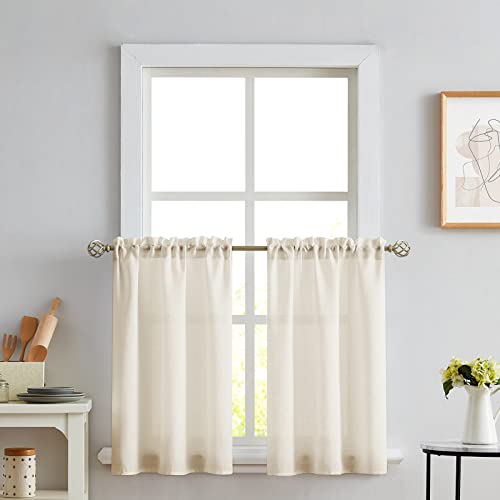 Melodieux Beige Semi Sheer Tier Curtains 45 Inch Length for Kitchen Cafe Bedroom Small Windows, Linen Look Rod Pocket Short Curtain Tiers Voile Drapes, 2 Panels