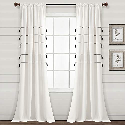 "Lush Decor Farmhouse Boho Stripe Woven Tassel Yarn Dyed Cotton Window Curtain Panel Pair, 95"" L x 42"" W, Ivory & Black"
