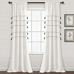 "Lush Decor Farmhouse Boho Stripe Woven Tassel Yarn Dyed Cotton Window Curtain Panel Pair, 95"" L x 42"" W, Ivory & Black"