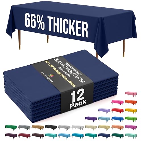 Exquisite 66% Thicker Premium Plastic Table Cloth Rectangle Table Cover 0.5 Mil 12 Pack Navy Blue Table Cloth 54 Inch x 108 Inch reusable Tablecloth Won't Tear Easily Like Cheap Thin Brands
