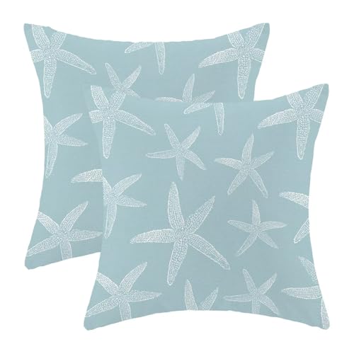 BETGINY Coastal Seafoam Blue Starfish Throw Pillow Cover 20 x 20 Inch Pack of 2,Summer Nautical Ocean Decorative Pillow Covers Square Linen Beach Pillow Cases Cushion for Bedroom Home Sofa Decor