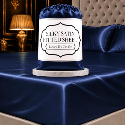 DECOLURE Satin Fitted Sheet Twin Size (1 PC) ??? Luxuriously Smooth & Softer Than Silk Bed Sheets w/ 15 Inch Deep Pocket Hypoallergenic Wrinkle Free, Secure Snug Fit, Elastic Corner Straps (Navy Blue)