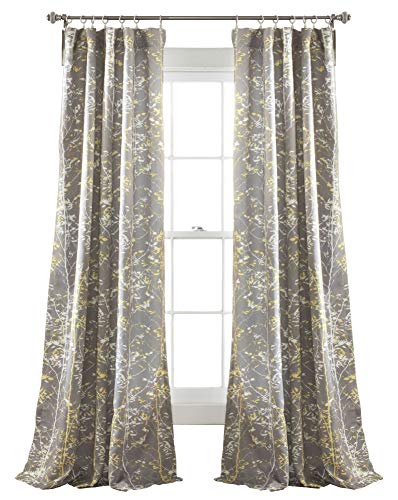 Lush Decor Forest 84 X 52 1 Curtains-Tree Branch Leaf Darkening Window Panel Drapes Set for Living, Dining, Bedroom (Pair), 84 in x 52 in, Gray/Yellow