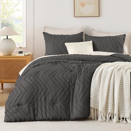 Andency Dark Grey Oversized King Comforter Set 120x98 Extra Large - Oversize King Boho Warm Comforter Sets, Aesthetic Chevron Farmhouse Cute Bohemian Textured Bedding Set