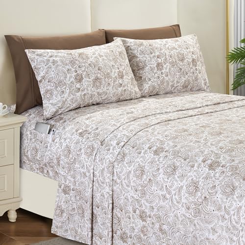 Elegant Comfort Softest and Coziest 6-Piece Sheet Set - 1500 Premium Hotel Quality Microfiber - Deep Pocket, Wrinkle Resistant 6-Piece Paisley Pattern Bed Sheet Set, Full, Paisley Taupe