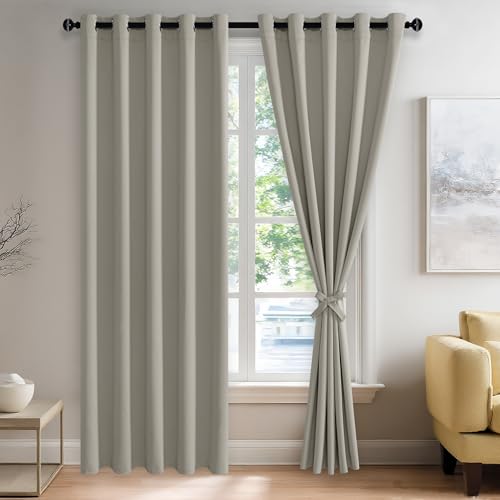 JIUZHEN Silver Grey Blackout Curtains with Tiebacks Thermal Insulated, Light Blocking and Noise Reducing Grommet Curtains for and Living Room, Set of 2 Window Curtain Panels, 60 x 84 Inch Length