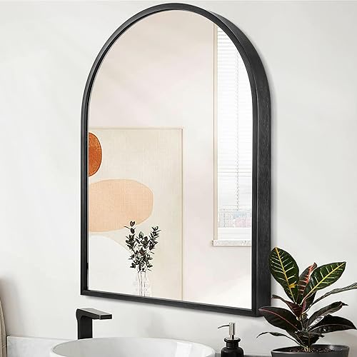 "HLFMVWE Arch Wall Mirror Bathroom Mirror Black Metal Framed Mirror, Arched Wall Mounted Vanity Mirror for Bedroom Entryway Living Room 26""x18"""