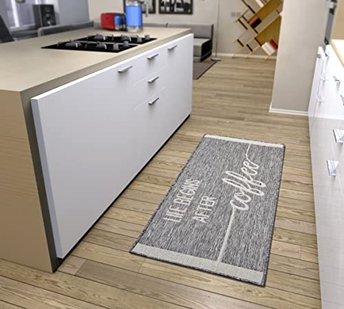 Hanse Home Life Begins After Coffee Kitchen Rug - Kitchen Runner Rug with Lettering, Non-Slip, Easy Care, Robust, Oeko-Tex Rug Runner for Kitchen, Hallway, Dining Room - Grey Cream, 62 x 150 cm