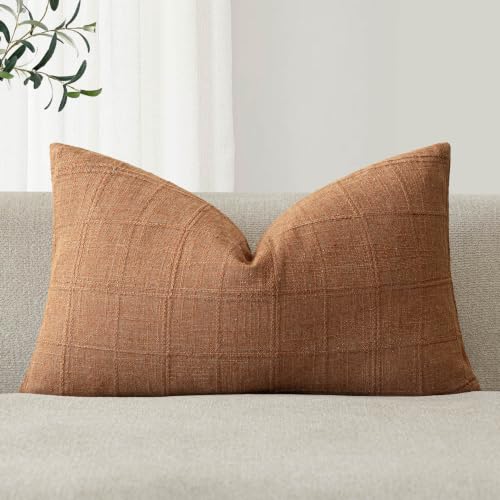 Foindtower Set of 1 Decorative Linen Check Throw Pillow Cover Neutral Farmhouse Lumbar Cushion Cover Modern Boho Home Decor for Sofa Chair Couch Bedroom Living Room,12??20 Inch,Orange