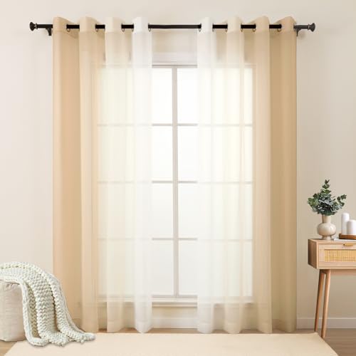 L.Z.E Beige Ombre Sheer Curtains 63 Inch Length for Living Room, Transparent Tan Curtains for Bedroom Dining Room Sliding Glass Door, Lightweight Gradient Window Drapes Grommet Top 2 Panels Set