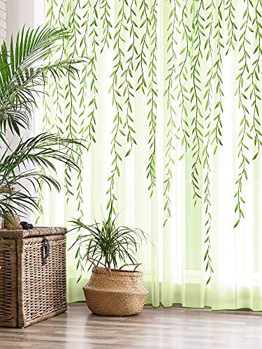Breling Willow Voile Curtains Cute Green Sheers Leaf Tulle Vine Window Sheers Ivy Pretty Curtain for Living Room Bedroom Window Door Balcony(2 Pieces,39.4 x 78.7 Inch)