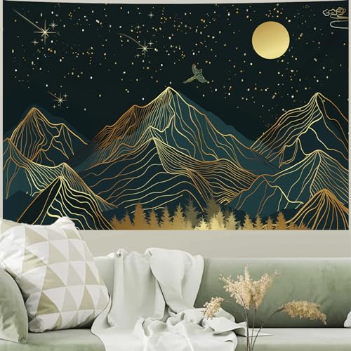 "Atrippy Mountain Tapestry for Bedroom, Green Forest Moon Trees Starry Night Room Decor Wall Tapestry, Gold Nature Stars Landscape Tapestries Aesthetic for Living Room Dorm Office 40"" X 60"""
