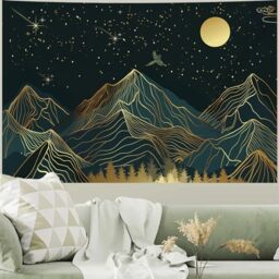 "Atrippy Mountain Tapestry for Bedroom, Green Forest Moon Trees Starry Night Room Decor Wall Tapestry, Gold Nature Stars Landscape Tapestries Aesthetic for Living Room Dorm Office 40"" X 60"""