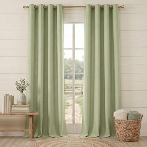 "100% Blackout Linen Curtains for Bedroom,Sage Green Black Out Curtains 72 Inch Long Farmhouse Thick Textured Window Curtains for Living Room,Grommet Room Darkening Curtains,52"" W x 72"" L,(2 Panels)"