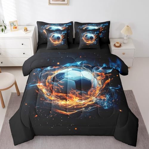 Feelyou Boys 3D Soccer Comforter Set with Sheets Twin Size 7 Pieces Kids Football Bedding Set for Girls Teens Sports Ball Gaming Theme Bed in a Bag Room Decor