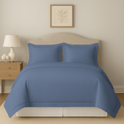 eBeddy Linens Lake Blue Solid Duvet Cover Set Oversized Queen 98x98 Size Certified Egyptian Cotton Luxury Soft & Breathable Comforter Cover and 2 Pillow Sham with Zipper Closer & Corner Ties