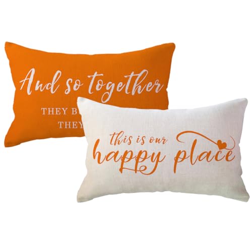 "ULOVE LOVE YOURSELF Home Saying Throw Pillow Covers with Our Happy Place Quote Rustic Farmhouse Decor Lumbar Pillow Cases 12"" x 20"",2Pack Housewarming Gifts for Sofa/Couch/Porch (Orange)"