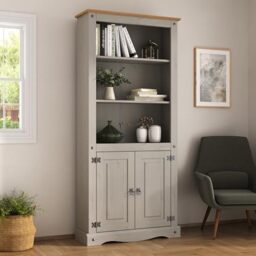 Corona Grey 2 Door Bookcase Display Cabinet Mexican Solid Pine with Distressed Grey Wax Finish and Gunmetal Hardware 29D x 82W x 180H