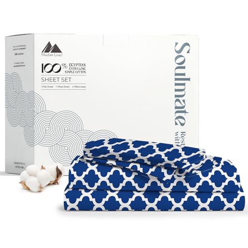 500 Thread Count Bed Sheets 100% Egyptian Cotton Sheets Set - Quatrefoil Navy Long-Staple Cotton Twin XL Sheet for Bed, Fits Mattress Upto 16'' Deep Pocket, Soft & Silky Sateen Weave Sheets