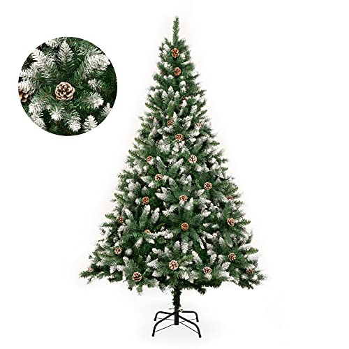 GIGALUMI 5ft Artificial Christmas Tree Flocked Snow Trees with 760 PVC Branch Tips, 50 Pine Cones,Solid Metal Legs Perfect for Indoor and Outdoor Holiday Decoration Unlit - Green/White