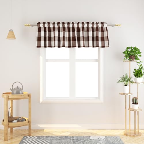 Natus Weaver Window Curtain Valances 18 inches Long Living Room Bedroom Kitchen 1 Panel Buffalo Check Small Short Mini Valance Curtain Topper Rod Pocket Classic Country Farmhouse - Brown & White