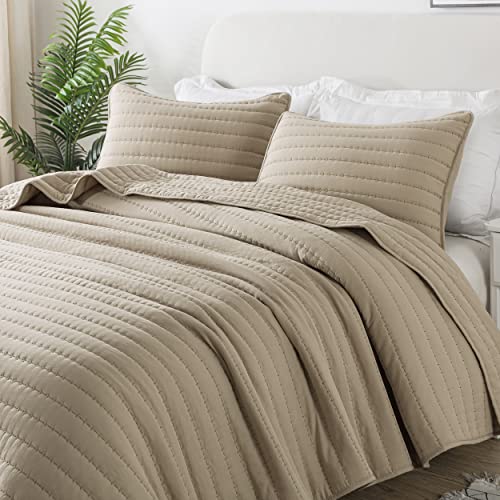 Oversized California Cal King Size Quilt Bedding Sets with Pillow Shams, Beige Lightweight Bedspread Coverlet, Quilted Blanket Thin Comforter Bed Cover for All Season, 3 Pieces, 118x106 inches