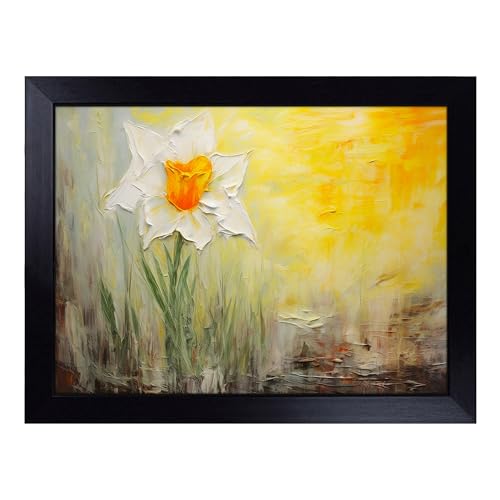 Lap Tray with Bean Bag Cushion, Daffodil Flower Impressionism - Handmade in the UK, Raised Wooden Edge, Padded Cushion, Heat-Resistant Wipe-Clean Surface, for Meals, Laptops and Crafts