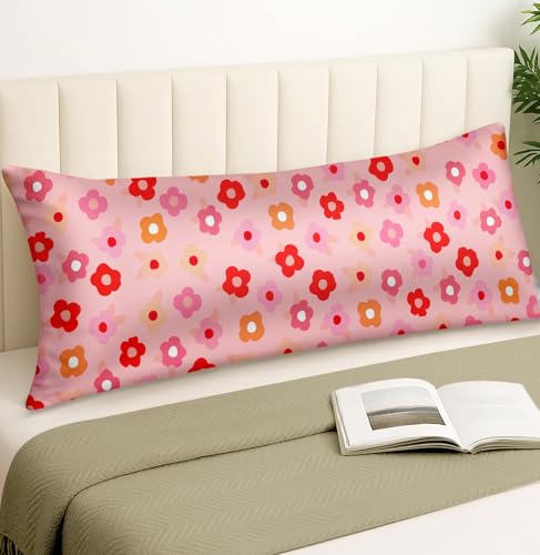 Miss Adola Silk Body Pillow Cover with Zipper - 20x54 Inch Silk Long Pillow Case for Women Ladies Adults Soft Bed Decorative Cute Boho Large Body Pillowcase Sham for Hair and Skin, Pk Flower