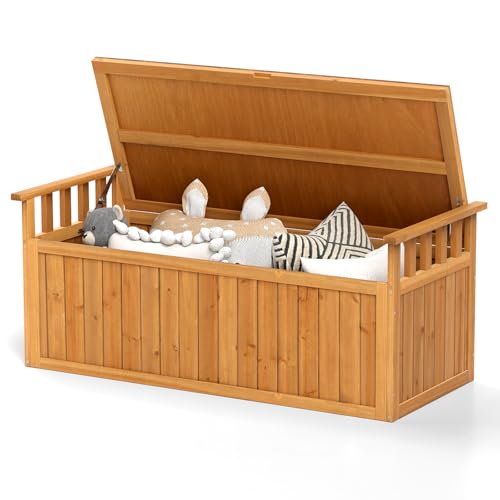 GiantexUK Garden Deck Box, Outdoor Storage Bench with Lid, Wooden Chest Container for Patio Cushions and Gardening Tools (With Armrests, 209L, 128x58x53cm)