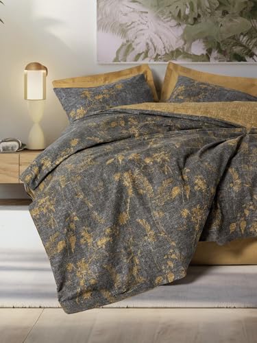 Nuit Des Rêves Ranforce Single XXL Quilt Cover Set, Mustard, 155 x 220 cm, 100% Cotton, Pigment Printed, Machine Washable, Button Closure, Soft & Stylish Bedding