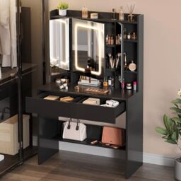 YITAHOME Dressing Table with LED Lights, Vanity Table with Adjustable  Brightness Mirror Bedroom Dressing Tables Makeup Table White Dressing Table  with 2 Drawers and Open Shelves Makeup Desk (Black) by Amazon |