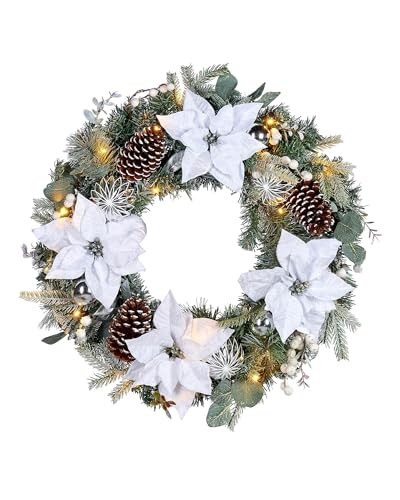 Pre-Lit Decorated Frosted Wreath, White/Silver, 60 cm