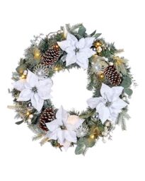 Pre-Lit Decorated Frosted Wreath, White/Silver, 60 cm