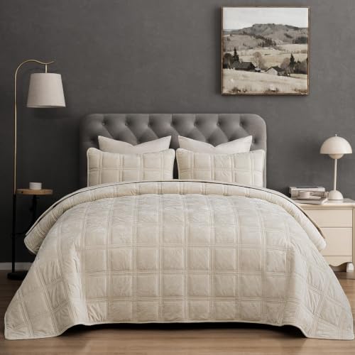 "PHF Ultra Soft Velvet Quilt Set Twin Size 68"" x 92"" - 2PCS Luxurious Cozy with Diamond Pattern, Breathable Quilted Bedspread, Home Decor Gift, 1 Coverlet with 1 Matching Sham, Sand"