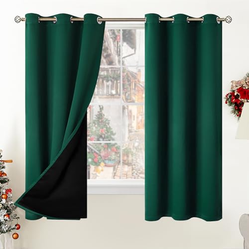 BGment Thermal Insulated 100% Blackout Curtains for Bedroom with Black Liner, Double Layer Full Room Darkening Noise Reducing Grommet Curtain (42 x 63 Inch, Emerald, 2 Panels)