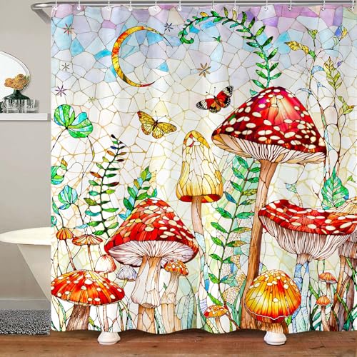 Kanuyee Mushroom Shower Curtain Stained Glass Shower Curtain Butterfly Shower Curtains for Bathroom Cute Shower Curtain Set with 12 Hooks Mushroom-01 72??72 Inches